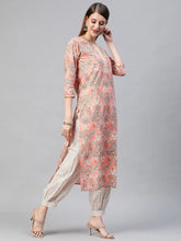 Women Cotton Peach Ethnic Motifs Printed Straight Kurta Pant Dupatta Set